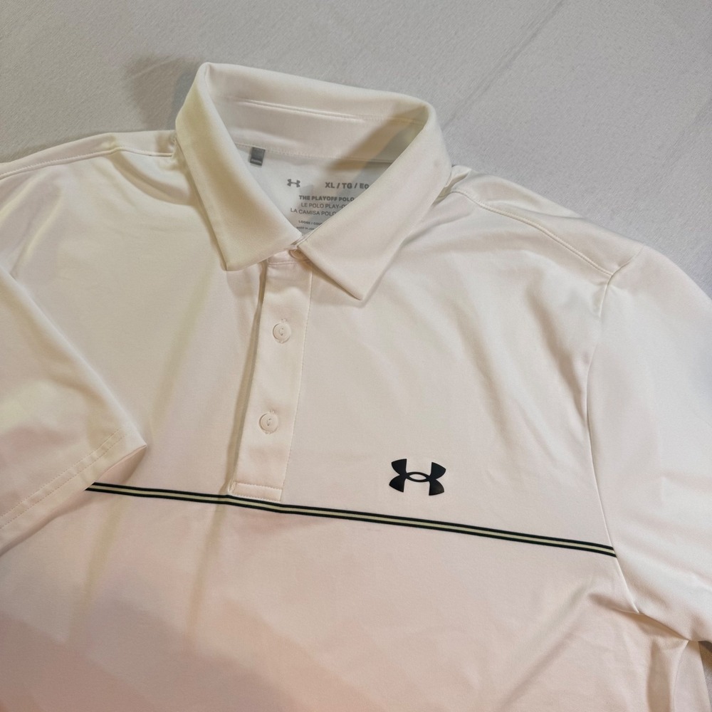 Under‎ Armour Playoff Polo Men XL White Striped Golf Shirt Preppy UPF 40 Stretch